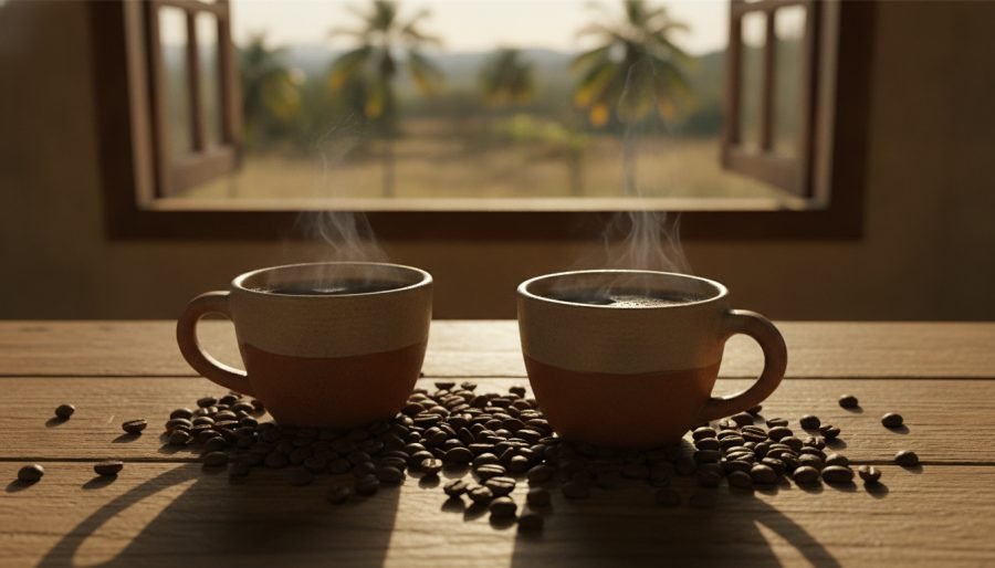 Grãos de café arábica e conilon lado a lado, mostrando as diferenças de formato e cor entre as duas espécies